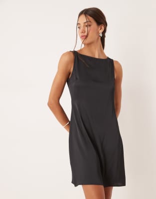 Vila Slash Neck Satin Mini Dress In Gray