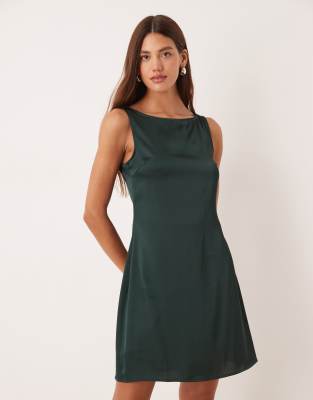 Vila slash neck satin mini dress in dark green - view 1