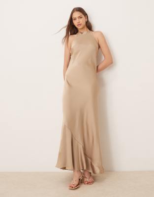 sleek satin halter maxi dress in beige-Neutral