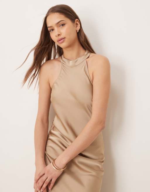 beige spot dress Women's Fiorelle Sheath Cape Sleeved Satin Maxi Dress S/M/L/Customize Beige  Champagne/Samba Red MEAN BLVD