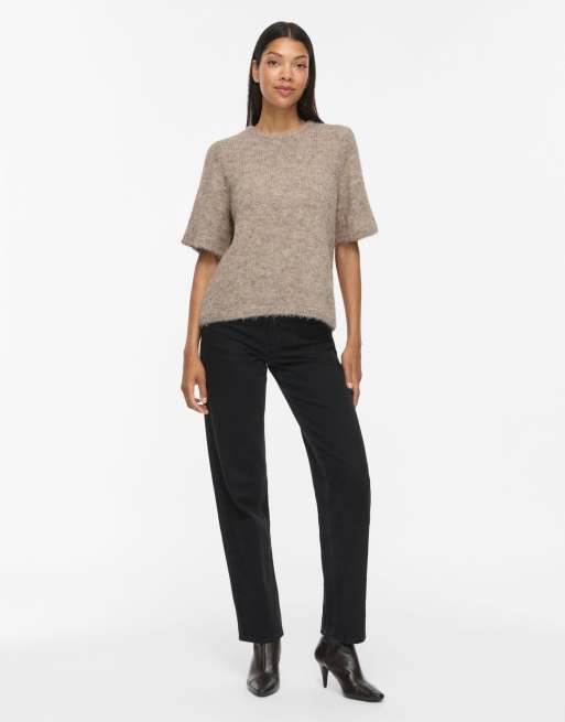 Vila SLEEVED loose fit crew neck knitted top in brown, 3 of 6