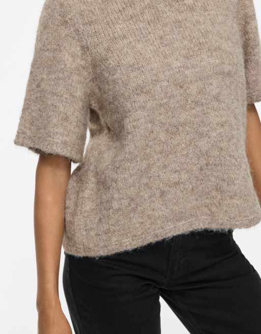 Vila SLEEVED loose fit crew neck knitted top in brown, 4 of 6