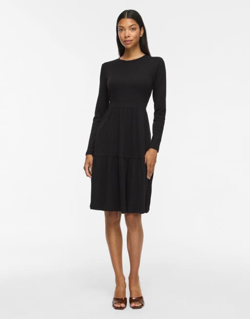 Vila SLEEVED VIHOLLIE ribbed crew neck long sleeve medium midi dress in black, 3 of 7