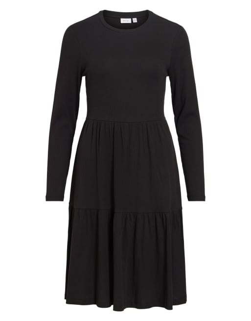 Vila SLEEVED VIHOLLIE robe midi côtelée à col rond et manches longues noire, 6 de 7