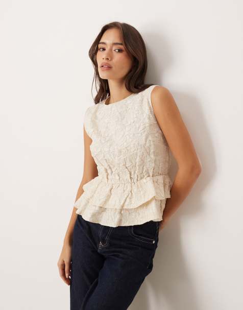 Vila sleeveless jacquard peplum top in birch cream - view 1