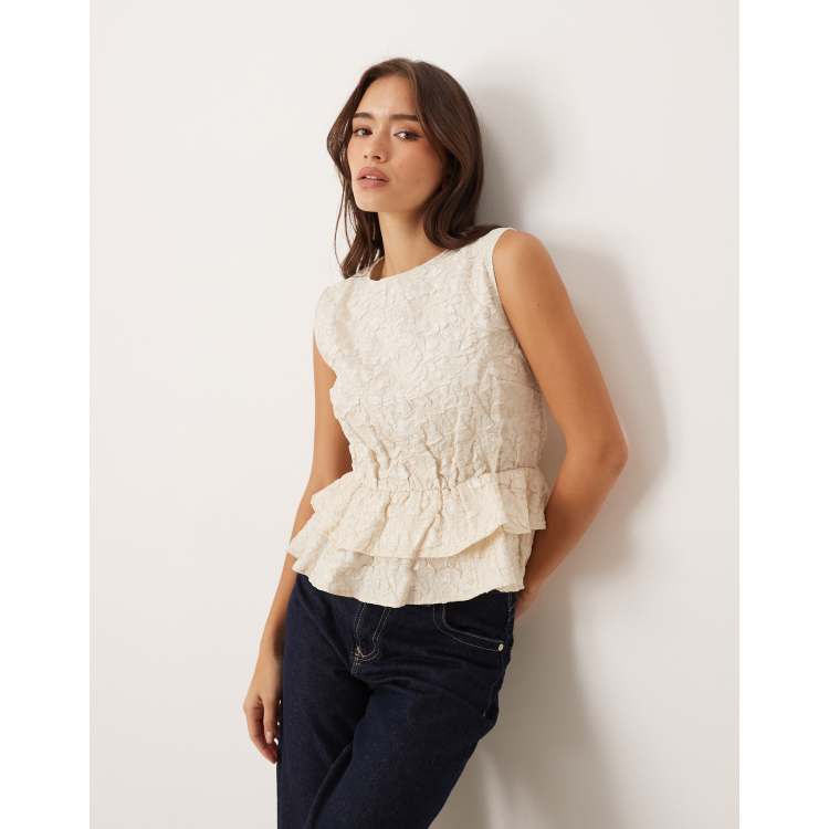 Vila sleeveless jacquard peplum top in birch cream | ASOS