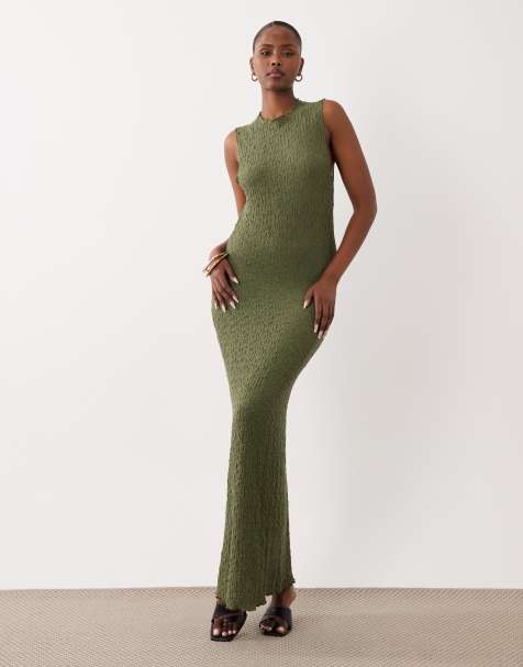 VILA sleeveless textured jersey maxi dress in olive green - view 1