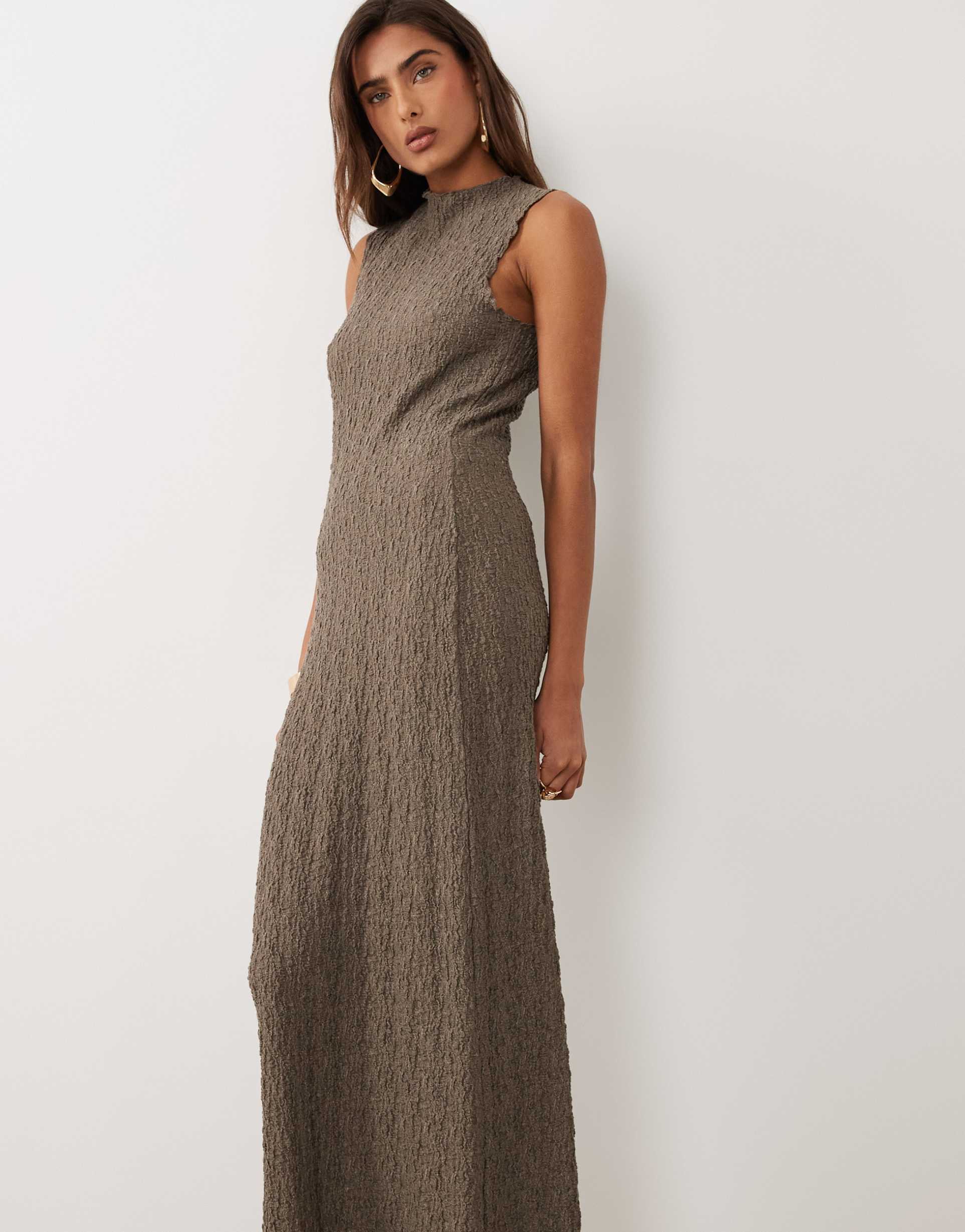 vila sleeveless textured jersey midaxi dress in brown