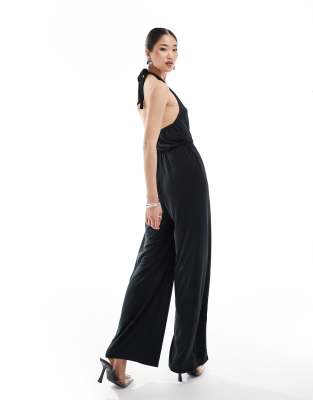 slinky halterneck wide leg jumpsuit in black-Neutral