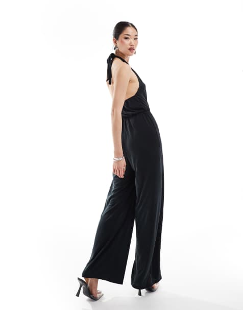 Vila slinky halterneck wide leg jumpsuit in black - view 1