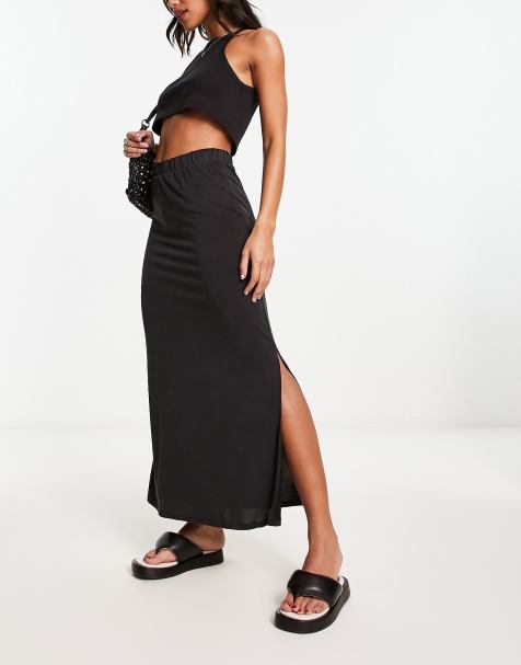 Vila slinky maxi skirt with slit sides in black - view 1