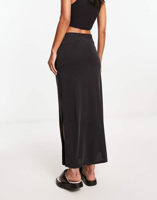 Vila slinky maxi skirt with split sides in black | ASOS