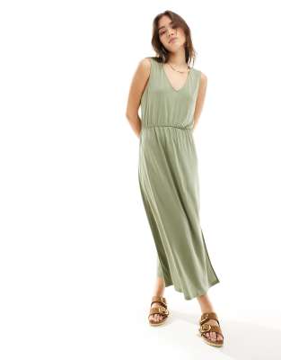 Vila Slinky V Neck Midi Dress In Green