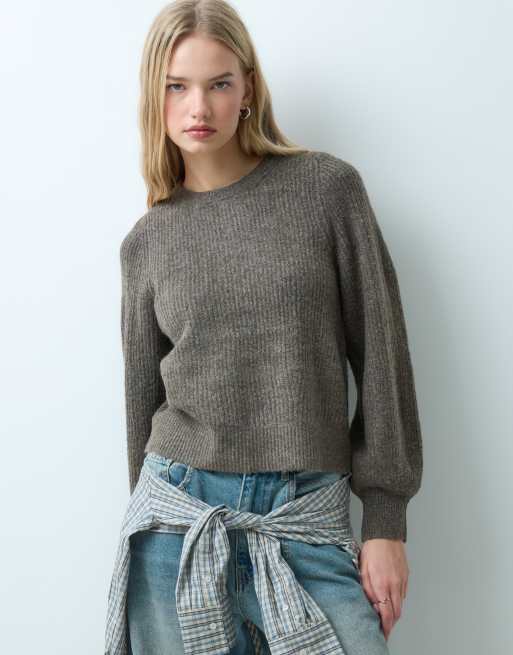 Vila slouchy rib knitted jumper co-ord in light brown melange, 2 of 4