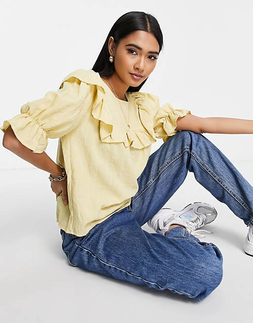 Vila smock blouse with frill detail in yellow