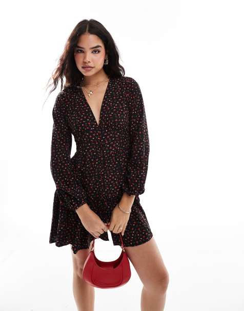 Vila smock button down floral mini dress in black - view 1