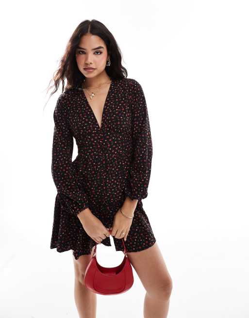 Vila smock button down floral mini dress in black