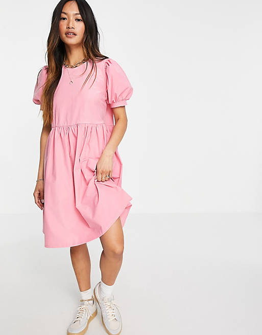 Vila smock dress with puff sleeve in pink