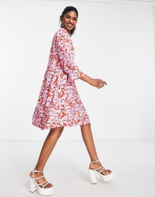 Vila smock mini dress in contrast pink & red floral print - ASOS Price Checker