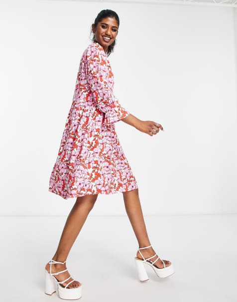 Vila smock mini dress in contrast pink & red floral print - view 1
