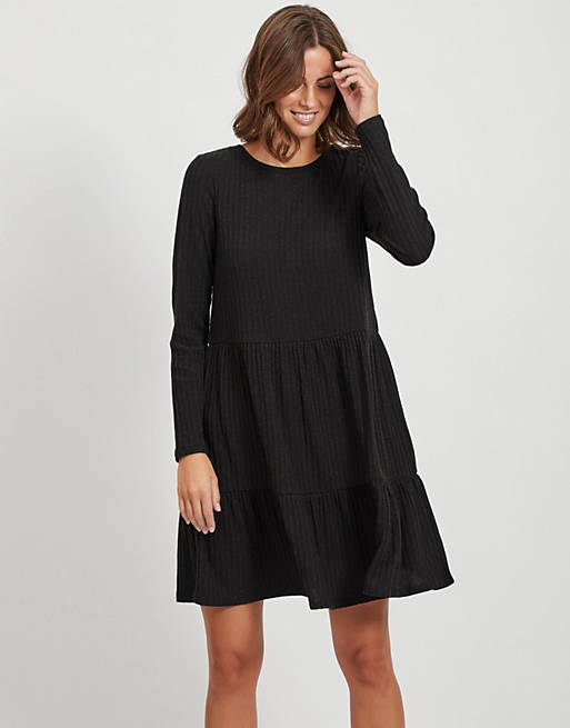 Vila smock mini dress with tiered skirt in black