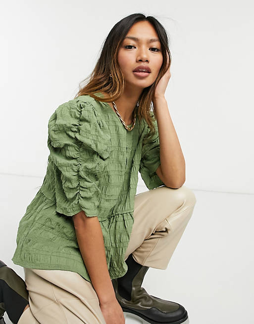  Vila smock top with puff sleeves in textured green 