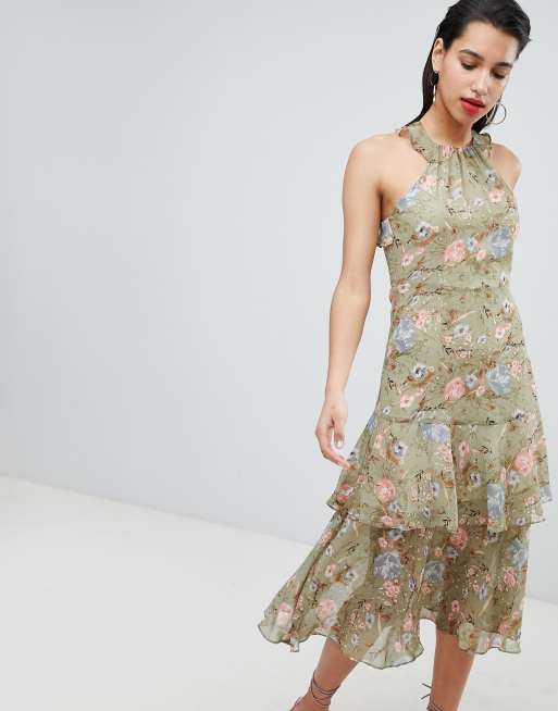 Vila soft floral ruffle halter neck midi dress