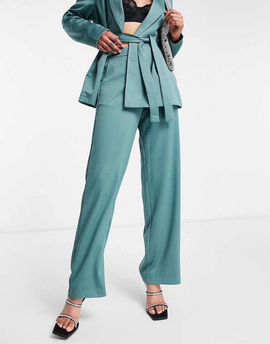 Vila soft recycled blend tailored satin suit wide leg pant in blue - part of a set-Blues