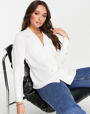 Vila soft satin blouse with double breasted fastening in white