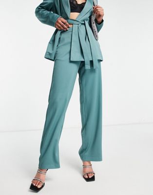 Vila soft tailored satin suit wide leg trouser co-ord in blue - MBLUE - ASOS Price Checker