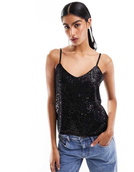 Vila - Sort cami-top med pailletter