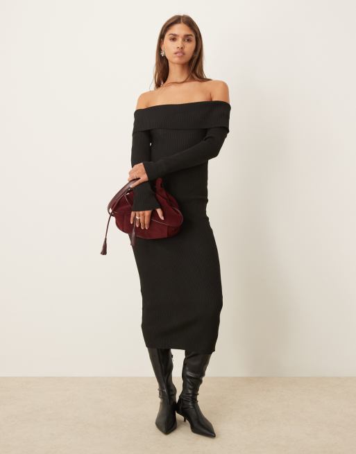Vila - Sort oneshoulder-midikjole i ribstrik