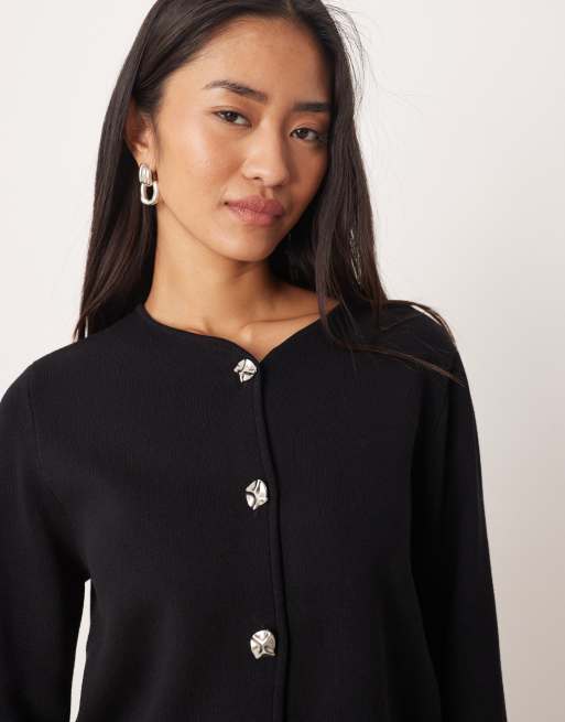 VILA - Sort ribstrikket cardigan med sølvfarvede knapper med hamret design - Del af sæt, 3 af 4