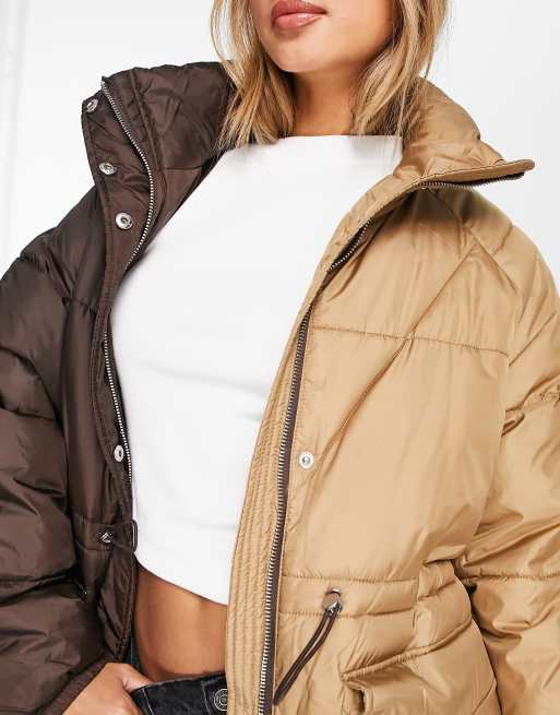 Vila spliced longline padded coat in brown and beige