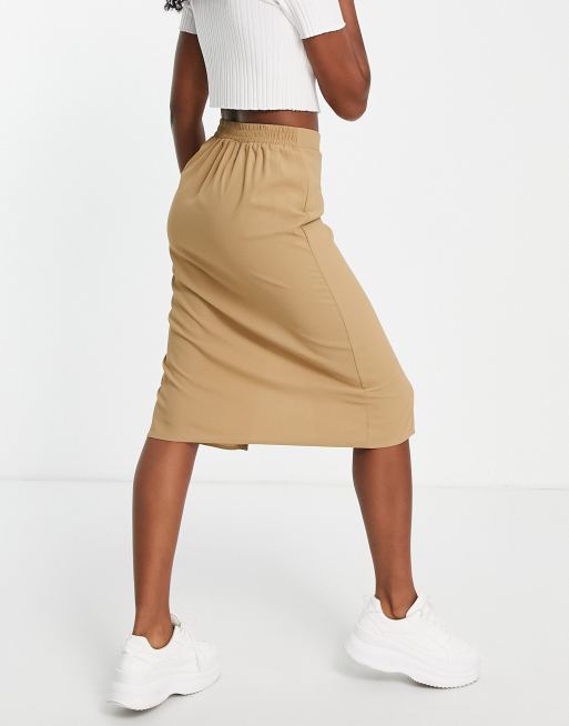 Vila split side skirt in camel