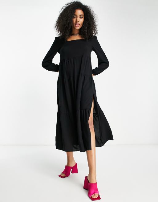 Vila square neck dress with split side in black, 4 of 4