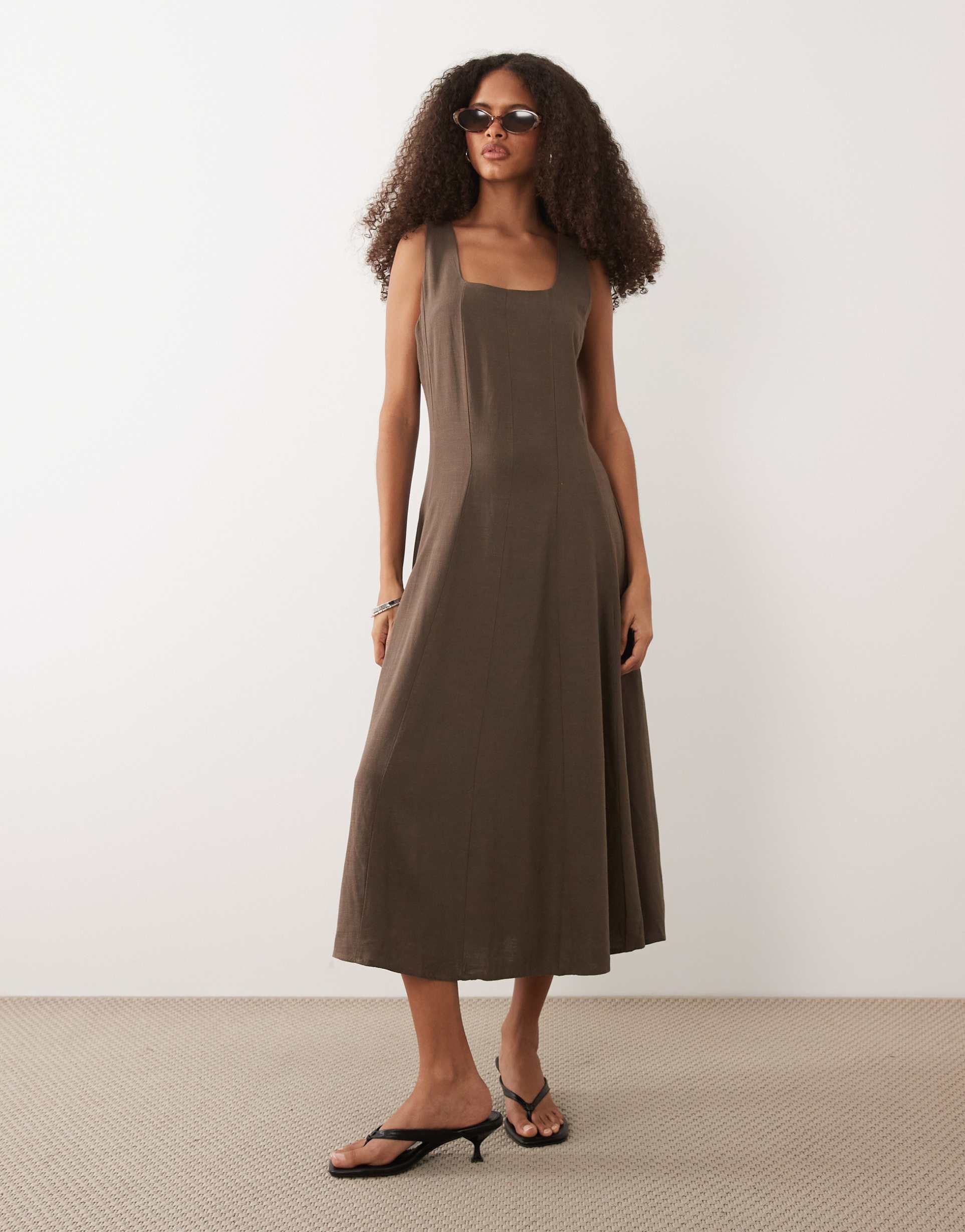 vila square neck linen-effect midi dress in slate brown