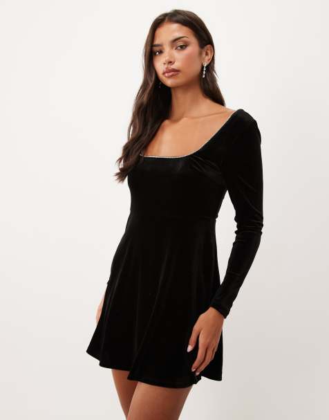 Vila square neck long sleeve velvet mini dress in black - view 1