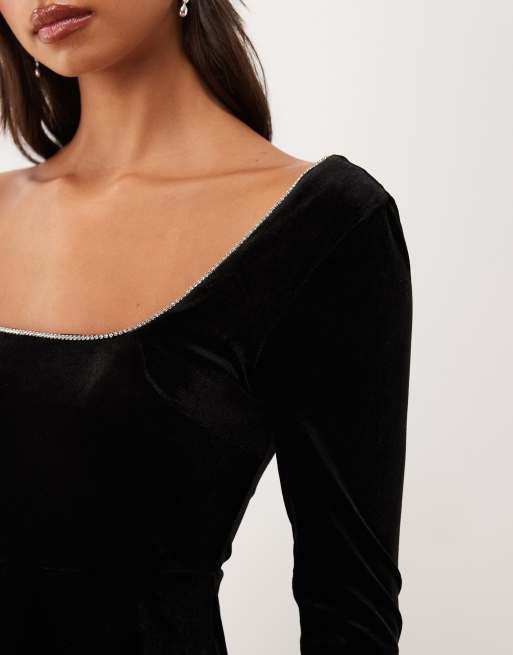 Vila square neck long sleeve velvet mini dress in black, 2 of 4