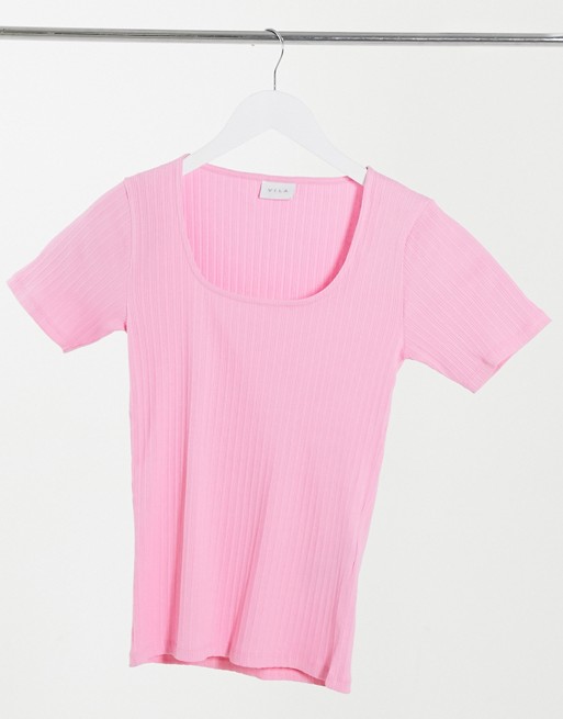 Vila square neck ribbed t-shirt in pink