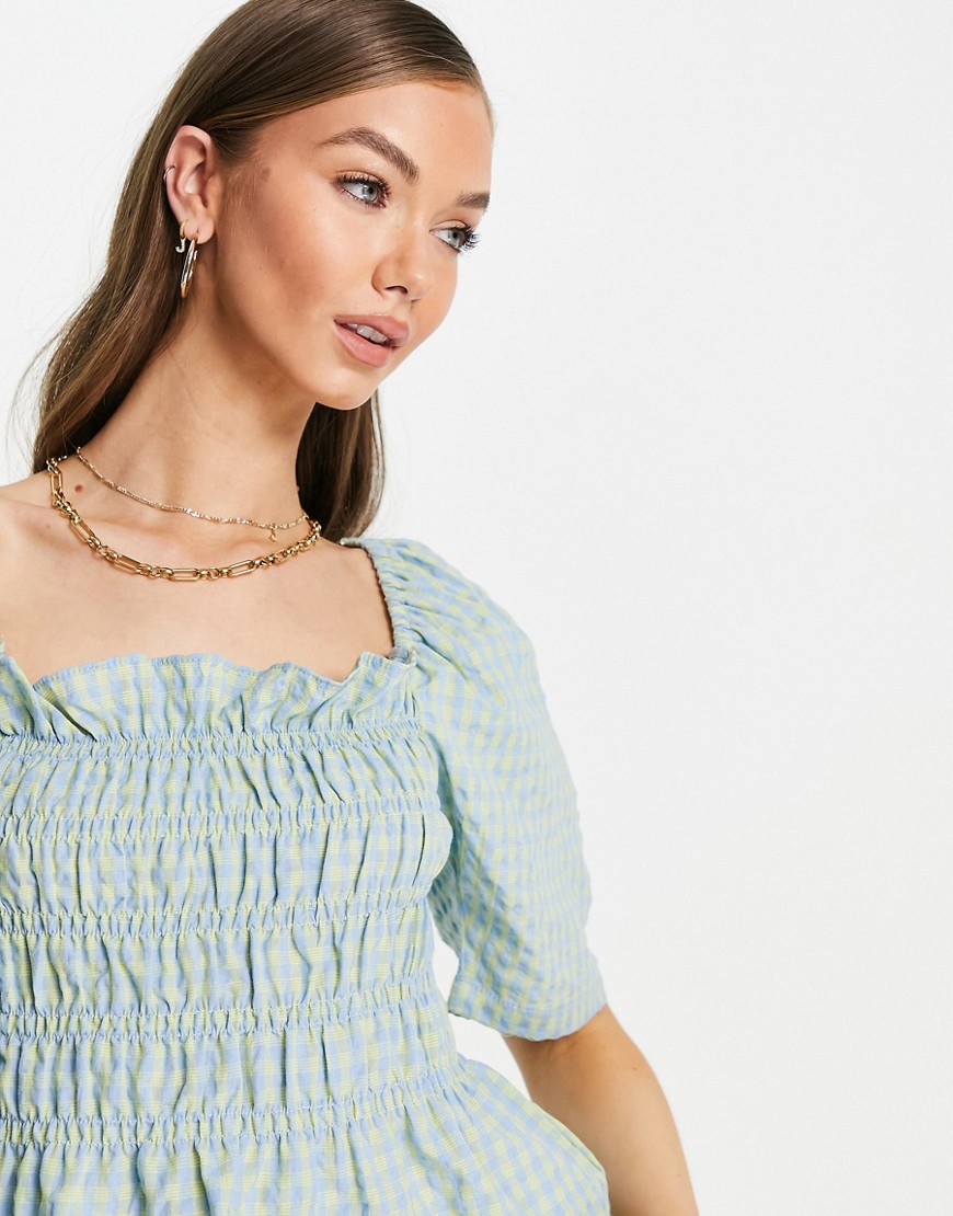 Vila square neck shirred top with short sleeves in gingham-Blues