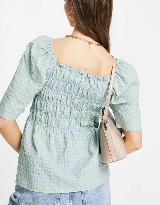 Vila square neck shirred top with short sleeves in gingham, 2 of 4