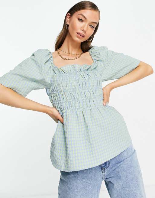 Vila square neck shirred top with short sleeves in gingham, 3 of 4