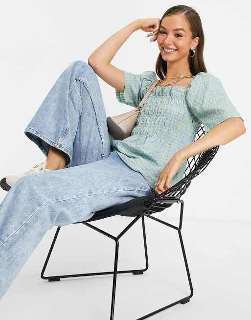 Vila square neck shirred top with short sleeves in gingham, 4 of 4