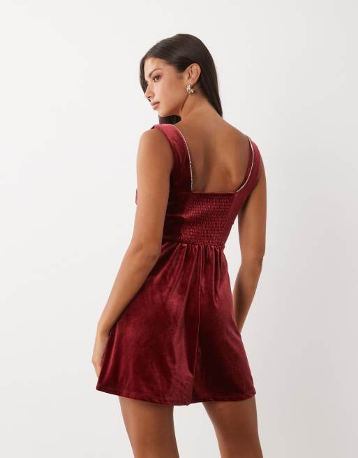 Vila square neck sleeveless velvet mini dress in berry red, 4 of 4