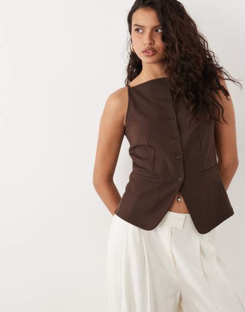 Vila square neck structured jersey waistcoat in chocolate brown - view 1