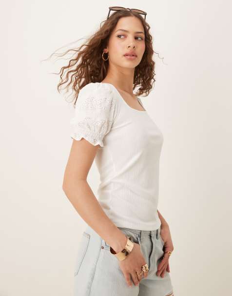 Vila square neck textured puff sleeve top in white - view 1