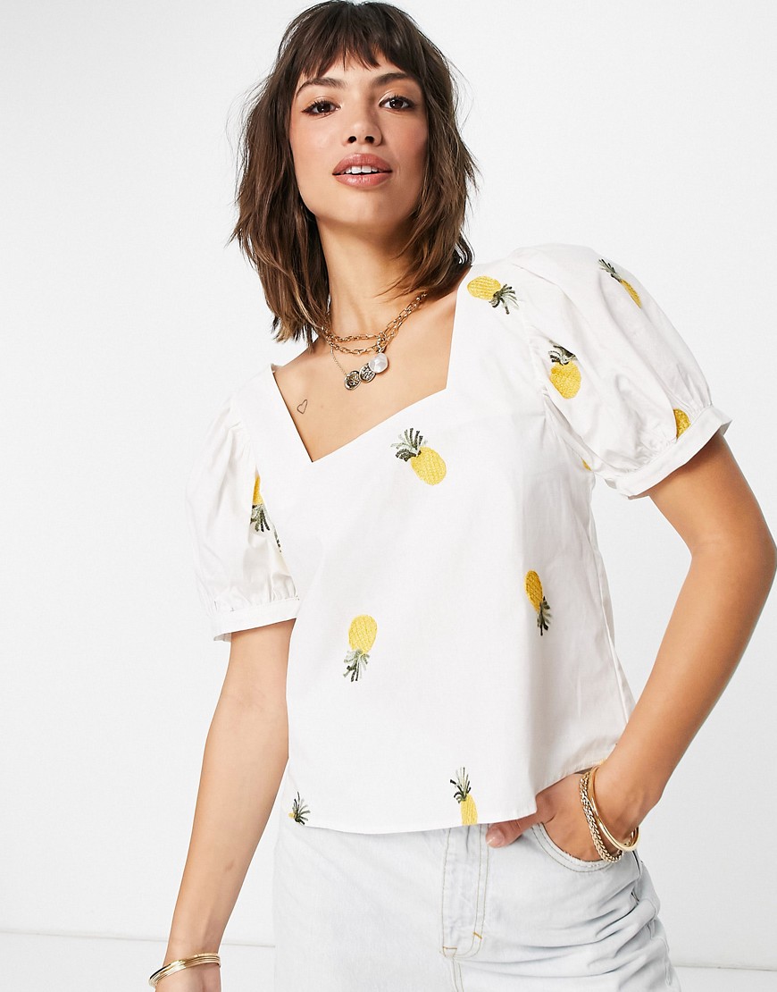 Vila square neck top with embroidered pineapple - part of a set-Multi