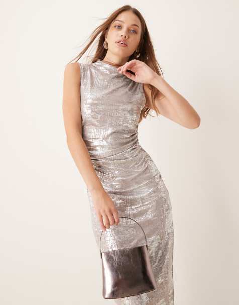 Vila sleeveless funnel neck midi dress in silver print
