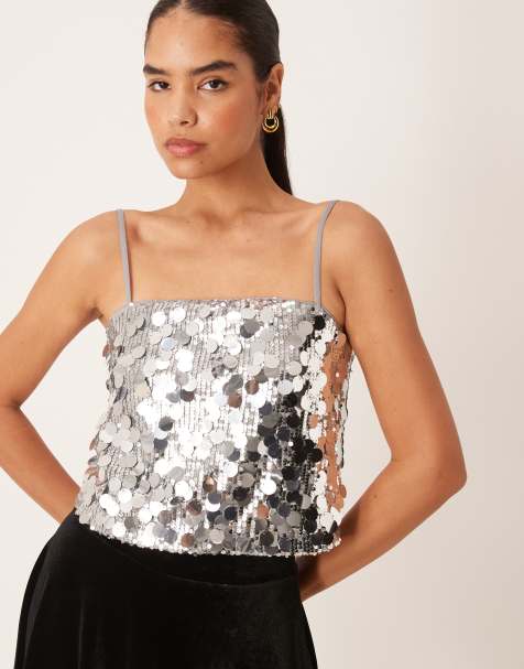 Vila disc sequin embellished cami top in silver